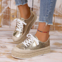 Womens Metallic Platform Sneakers Lace Up Outdoor Shoes Comfortable Low Top Espadrille Shoes