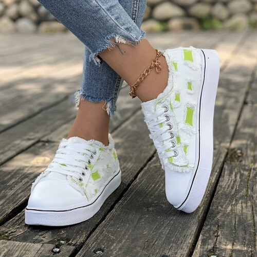 Womens Flat Canvas Sneakers Round Toe Lace Up Low Top Trainers