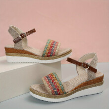 Womens Espadrille Wedge Sandals Retro Braided Open Toe Ankle Strap Shoes Casual Single Band Platform Sandals