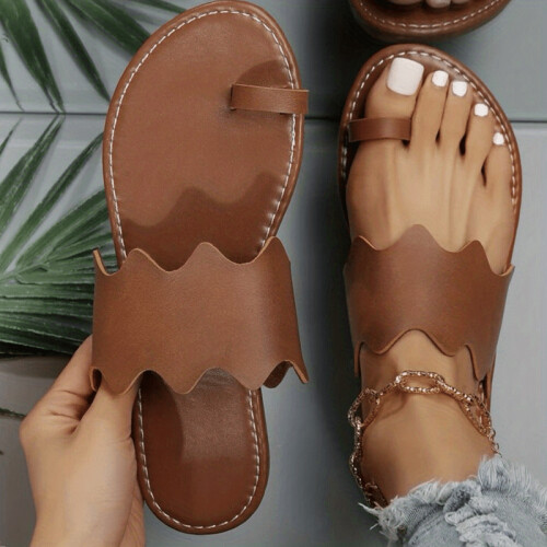 Womens Loop Toe Slide Sandals Lightweight Open Toe Slip On Shoes Solid Flat Shoes