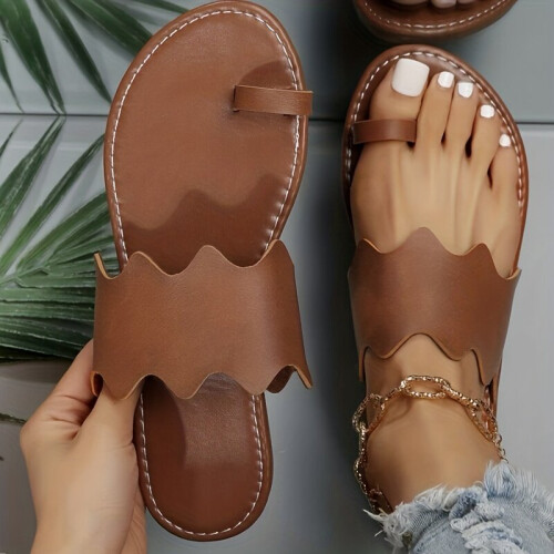 Womens Loop Toe Slide Sandals Lightweight Open Toe Slip On Shoes Solid Flat Shoes 2