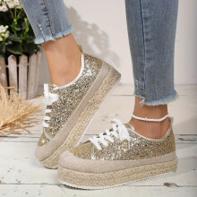 Womens Glitter Sequins Decor Platform Sneakers Lace Up Espadrille Shoes Lightweight Outdoor Shoes