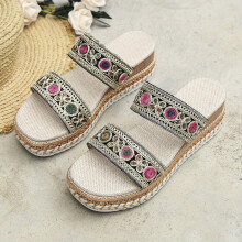 Womens Wedge Espadrille Sandals Boho Style Two Band Square Toe Slip On Shoes Summer Platform Slide Sandals