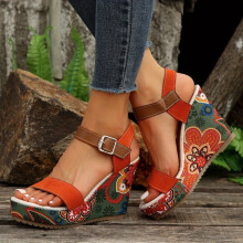Womens Floral Print Wedge Sandals Colorful Open Toe Buckle Strap Heels Fashionable Slingback Platform Sandals