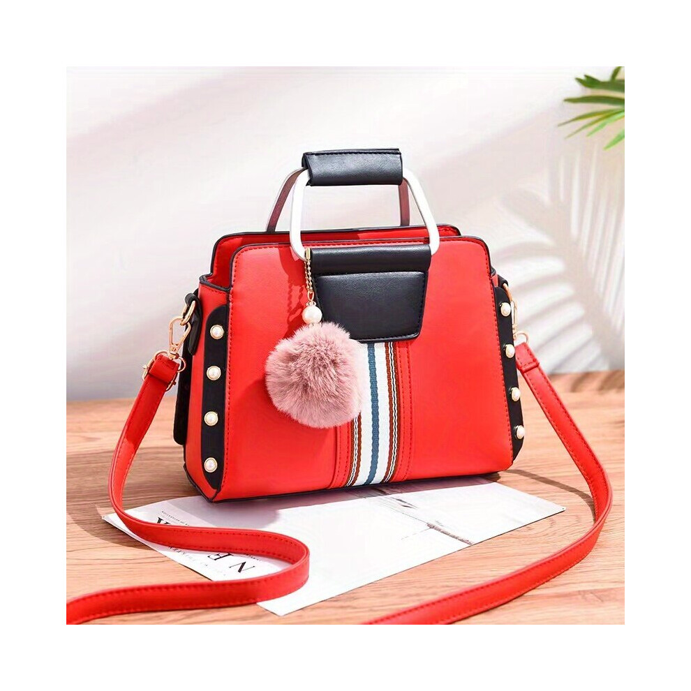Contrast Crossbody Bag Womens Faux Pearl Decor Handbag Top Handle Purse With Pompom Decor-image-OPC-PC78BHC-NEW