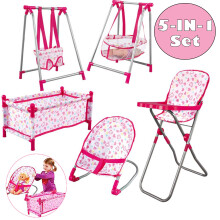 Kids Deluxe 5 -in-1 Baby Doll Pretend Play Set with Cot Bed, Bouncer, Adjustable Swing Seat and High Chair Accessories (Doll Not Included)