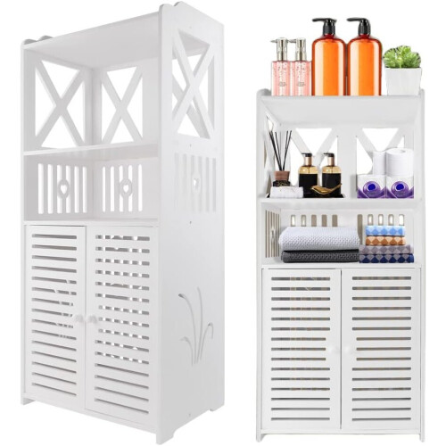 Bathroom Floor Cabinet 92x40x25cm Storage Unit with 3 Tier 2 Door ...