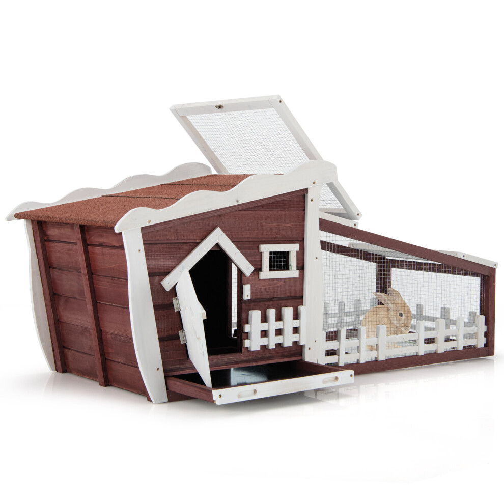 Wooden Rabbit Hutch Outdoor Chicken Coop Rabbit Cage w/ Removable Tray