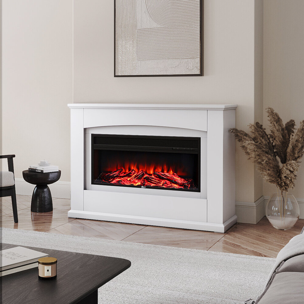 Electric Inset Fireplace Heater Fire Place White Wooden Mantel, 34 Inch