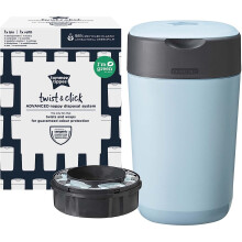 Tommee Tippee Twist and Click Nappy Bin, Eco-Friendlier System, Includes 1x Refill Cassette with Sustainably Sourced Antibacterial GREENFILM, Blue