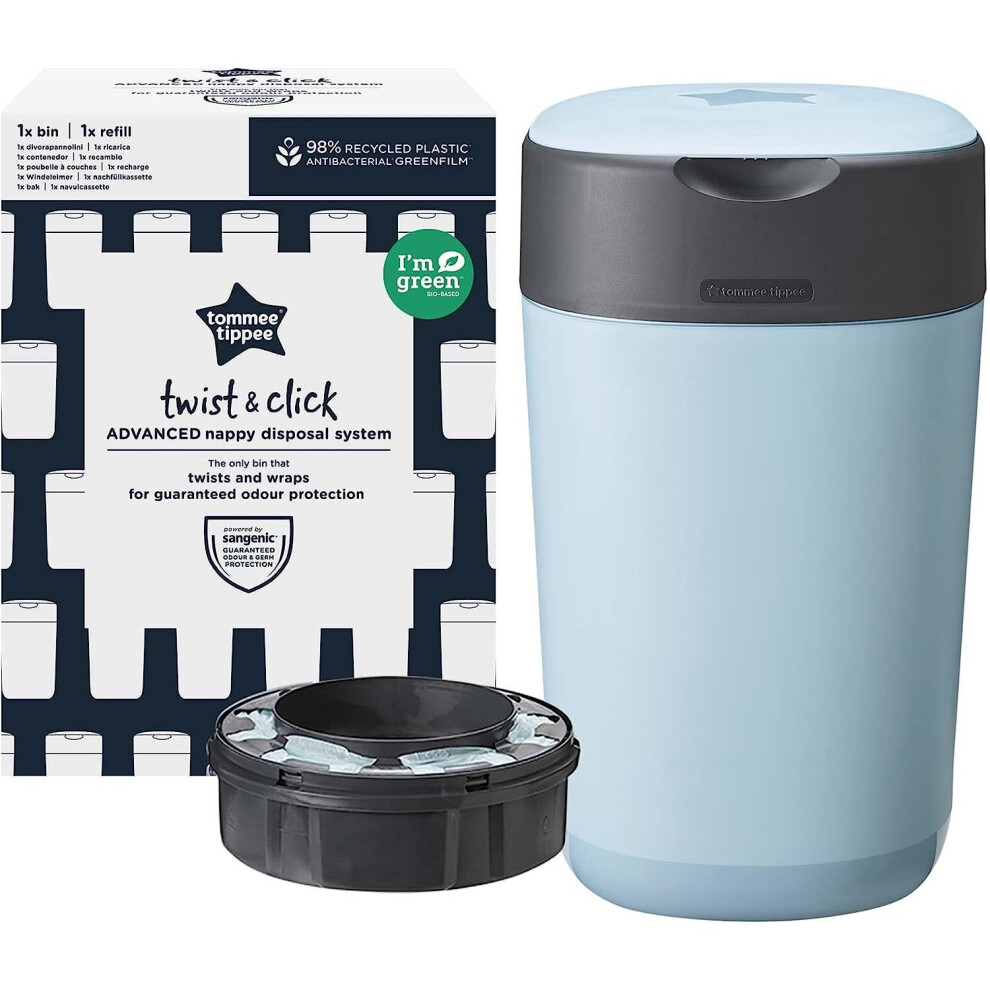 Tommee Tippee Twist and Click  Nappy Bin, Eco-Friendlier System, Includes 1x Refill Cassette with Sustainably Sourced Antibacterial GREENFILM, Blue