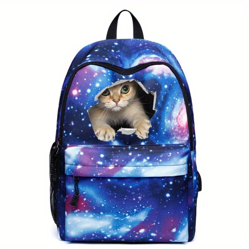 Starry Sky & Cat Print Large Capacity Backpack Dacron Durable Lightweight School Backpack Travel Commuter Bag