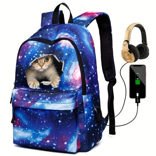 Starry Sky & Cat Print Large Capacity Backpack Dacron Durable Lightweight School Backpack Travel Commuter Bag 1
