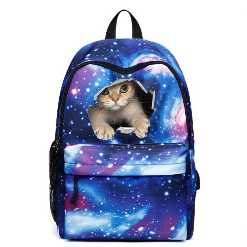 Starry Sky & Cat Print Large Capacity Backpack Dacron Durable Lightweight School Backpack Travel Commuter Bag 2