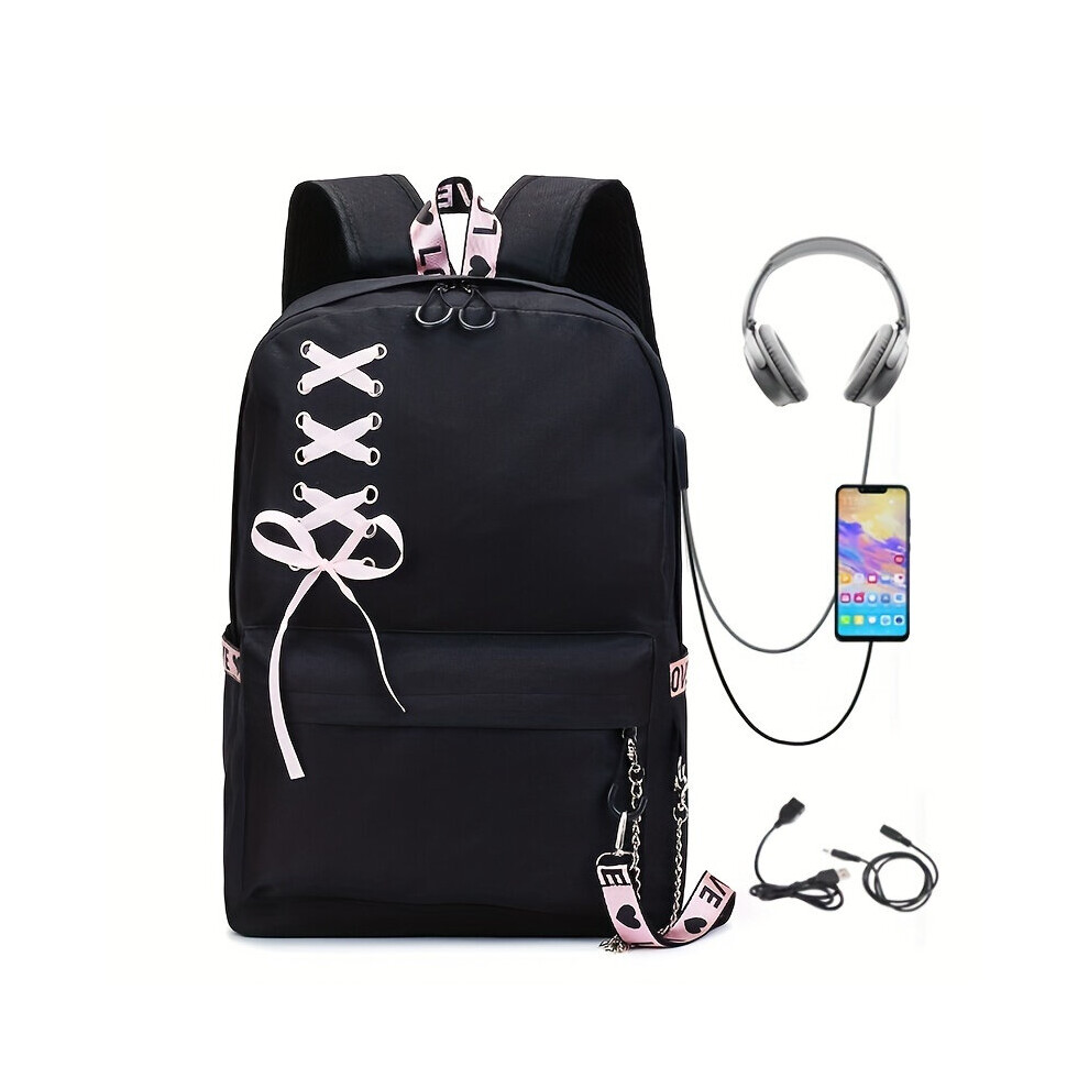 Large Capacity Travel Backpack Canvas Bow Decor Laptop Daypack With Usb Charging Port Business Travel Commuter Bag Black 885664768783