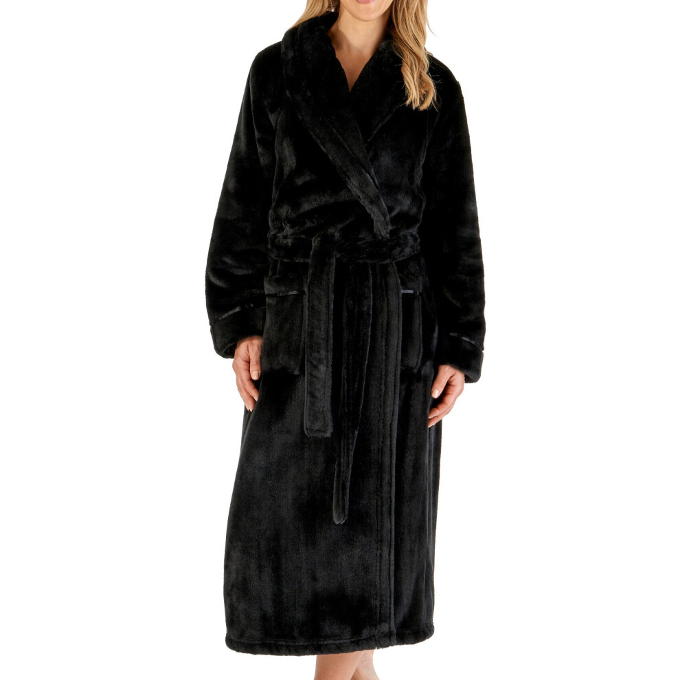 (Black, Small - UK 10/12) Slenderella Ladies Flannel Fleece Shawl Collar Dressing Gown