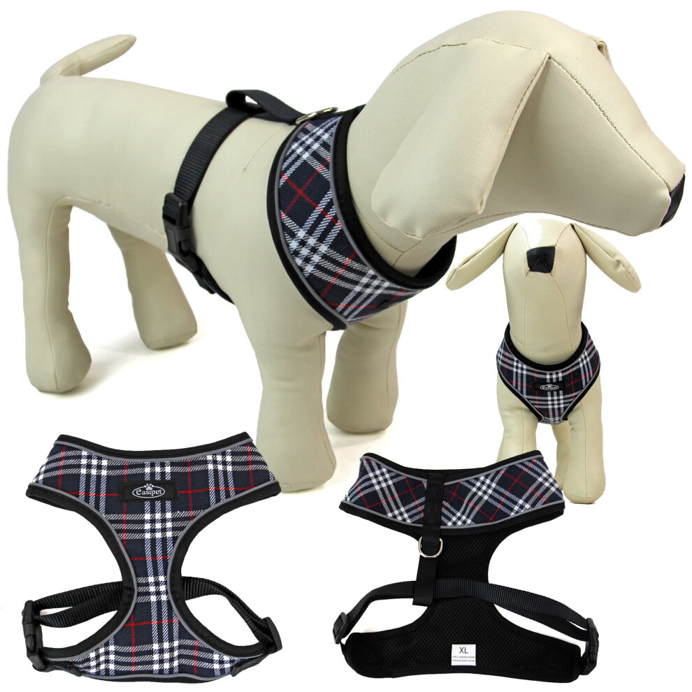 Dog Harness Breathable Adjustable Reflective Black Tartan L