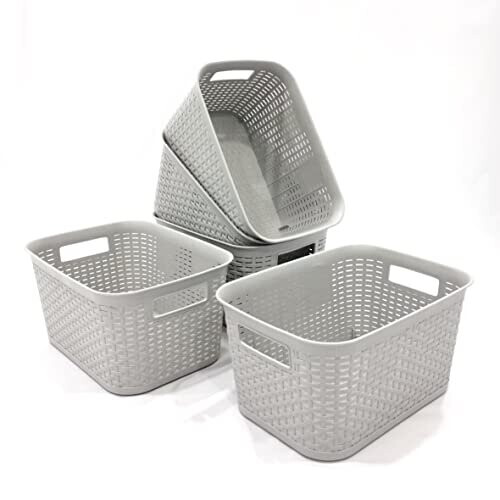 Abbaware Pack of 5 Plastic Storage Baskets with Handle ? Kitchen Organiser Storage Box, Cupboard Storage Boxes, Home & Kitchen Storage Basket (Grey)