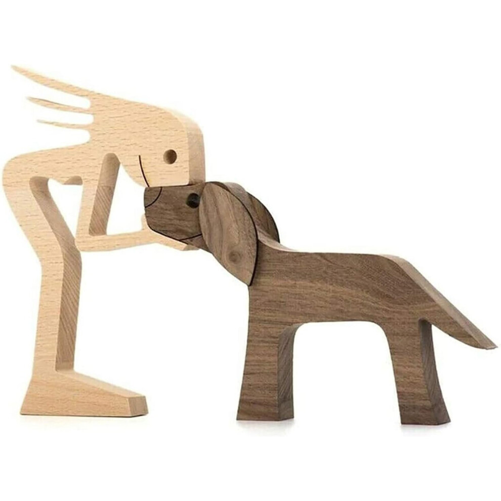 Family Puppy Wooden Carving Ornaments, Natural Solid Wood Pet Dog Family Crafts Sculpture (Women and Dog)