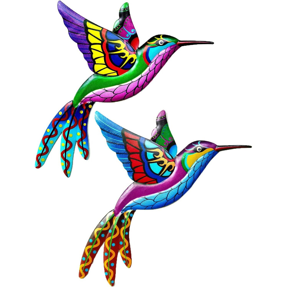 2Pcs Hummingbird Garden Ornament Wall Decor Colorful Bird Wall Tree Fence Hanging Sculptures Decorative Metal Art Craft