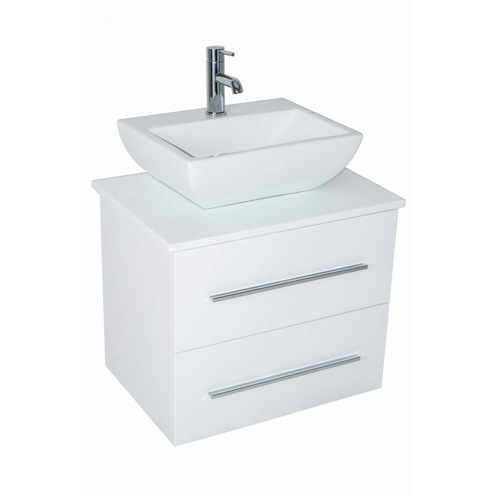 NRG White 600mm Wall Hung Vanity Sink Unit 2 Drawer Countertop Basin Bathroom Furniture