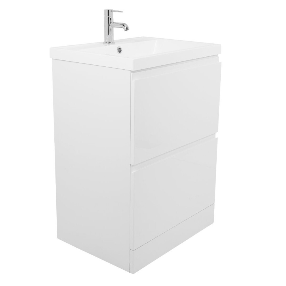 NRG White 600mm Bathroom Floor Vanity Sink Unit 2 Drawer Furniture with Free Mirror