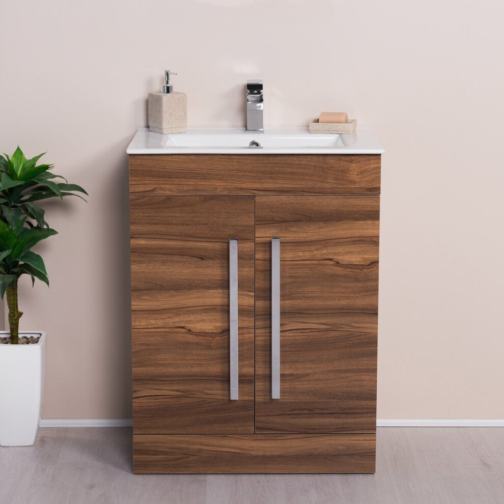 NRG Walnut Floor Standing Vanity Sink Unit Basin Bathroom Door Storage Furniture 600mm