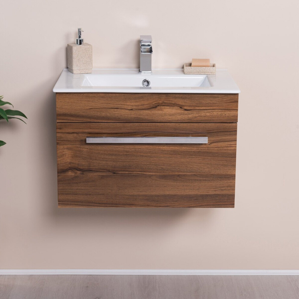 Nrg Walnut 600Mm Wall Hung Vanity Sink Unit Drawer Basin Bathroom Furniture