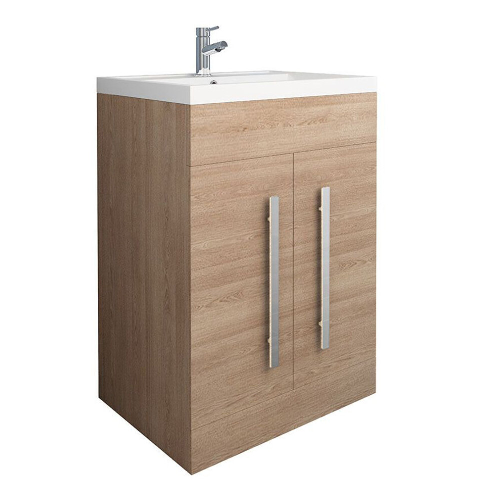 NRG Light Oak Bathroom Furniture Storage Cabinet Freestanding Vanity Unit & Basin - 600mm