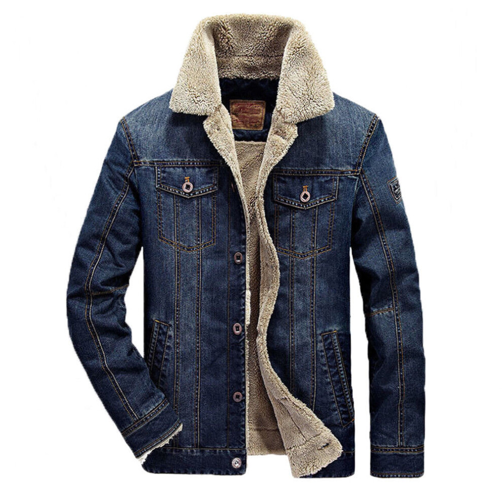 (Dark Blue, XL) Mens Jean Jacket Fur Collar Lined Fashion Casual Denim Winter Warm Coat  M6xl
