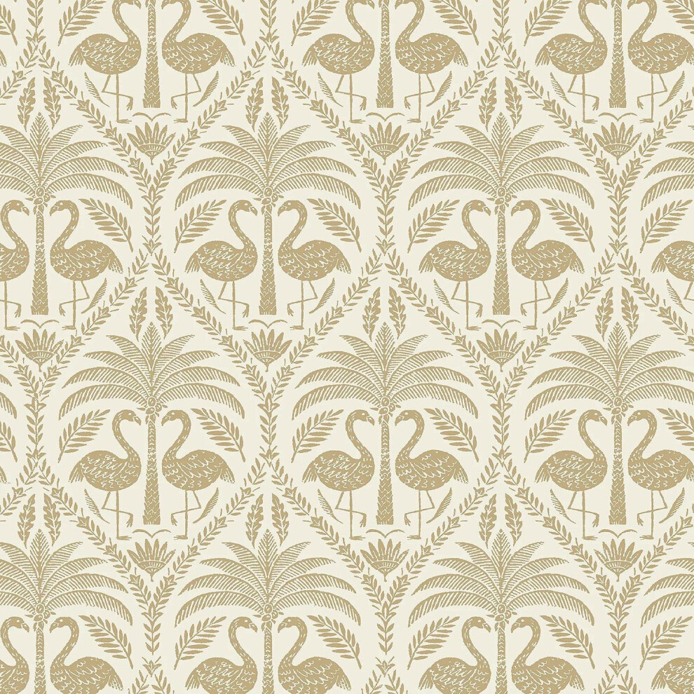 Grandeco Flamingo Beige Wallpaper Floral Leaf Metallic Gold Vinyl