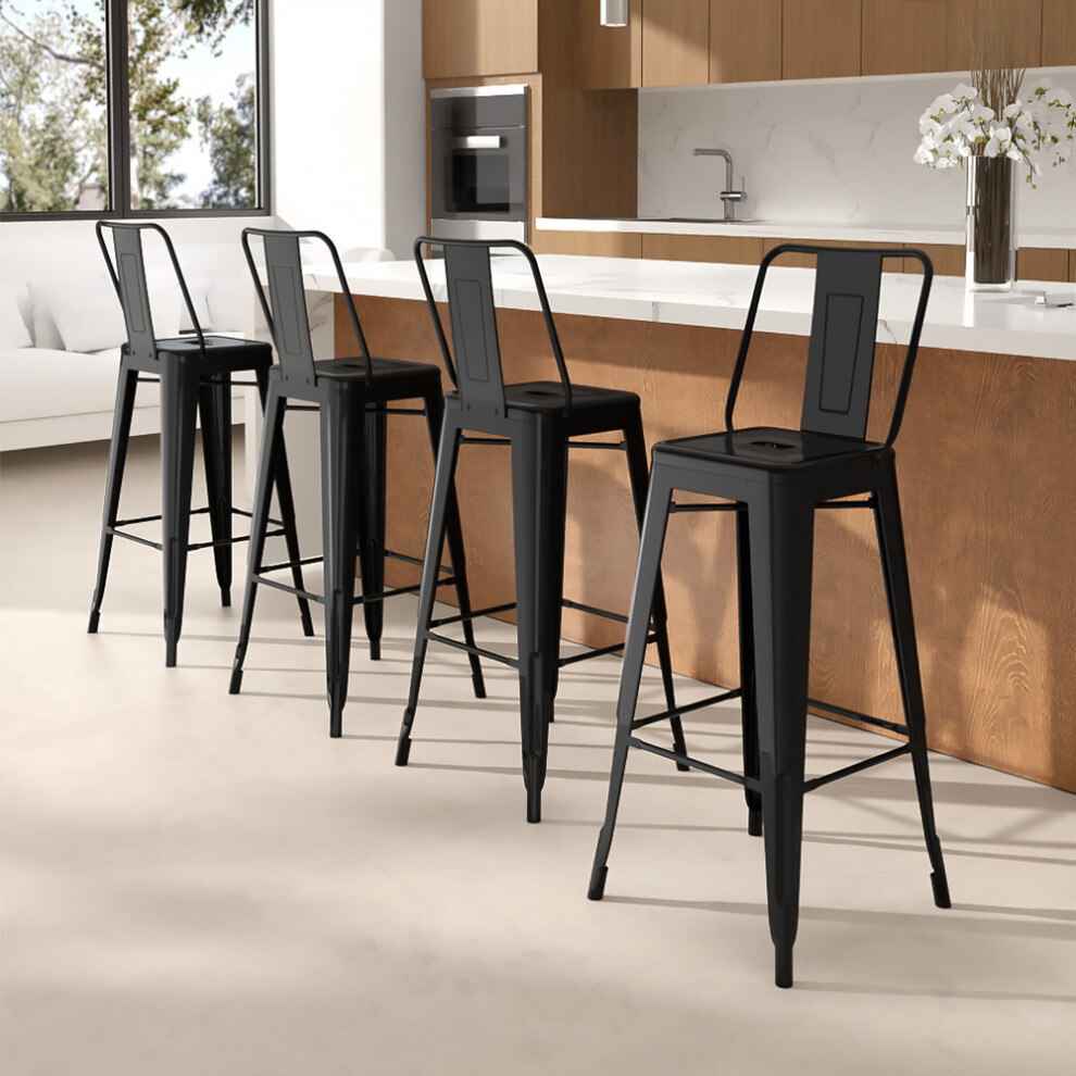 Set of 4 Black Metal Frame Industrial Style High Chairs Bar Stools
