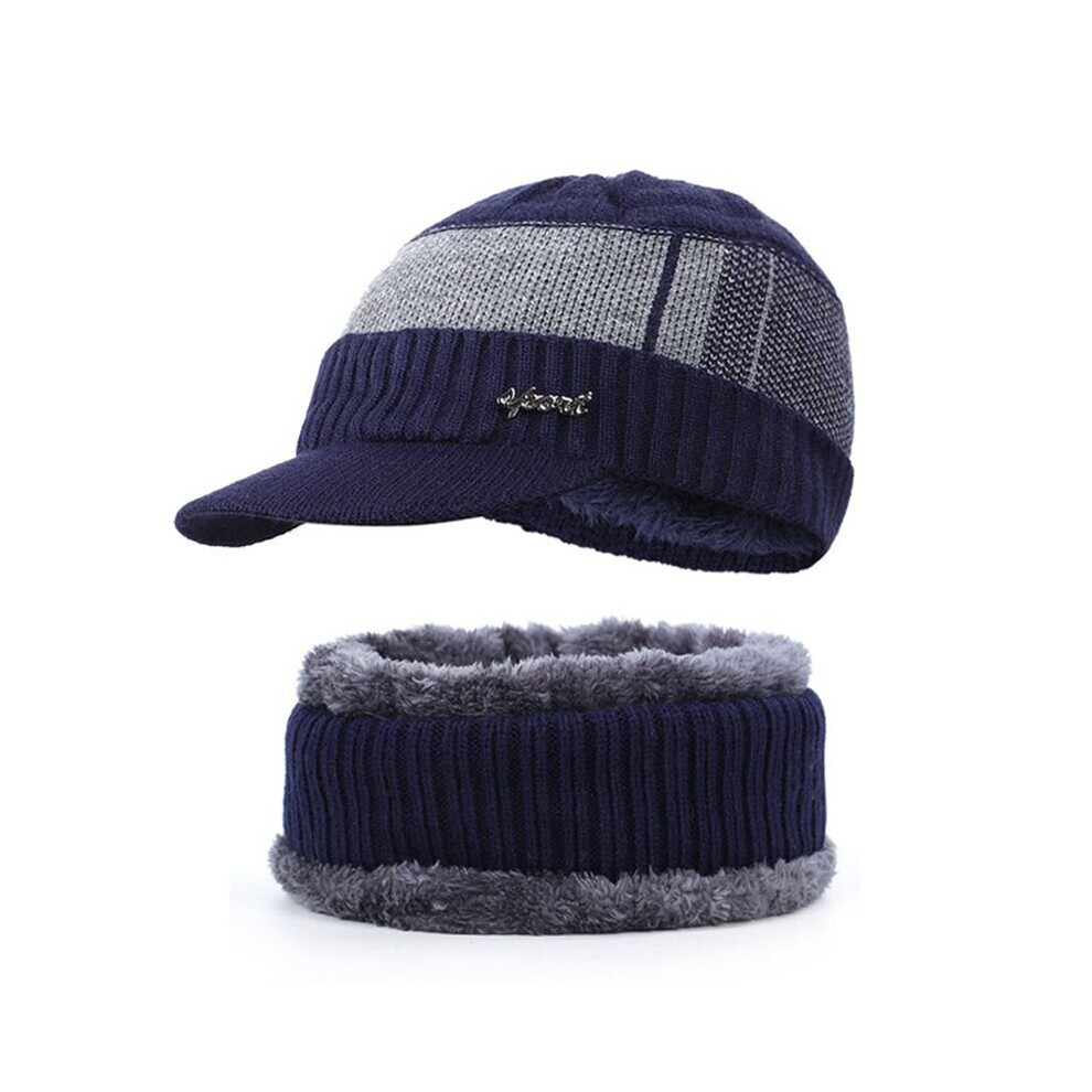 (Dark Blue Scarf+Hat) Men Unisex Winter Warm Hat Knit Visor Beanie Fleece Lined Beanie With Brim Cap