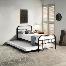 (Black, No Mattress) TEWIN HOSPITAL STYLE SINGLE METAL BED FRAME & GUEST TRUNDLE