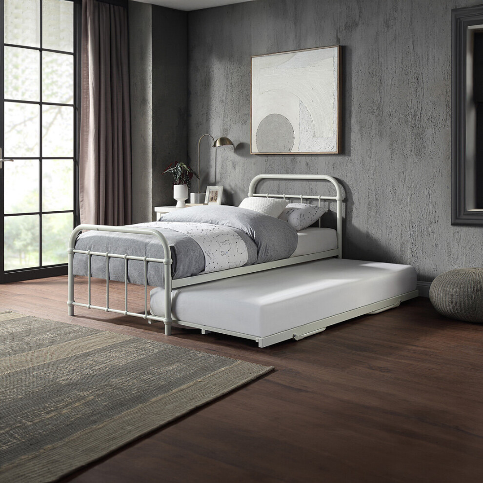 (White, 2 x 10cm Deep Comfort Foam Mattress) TEWIN HOSPITAL STYLE SINGLE METAL BED FRAME & GUEST TRUNDLE