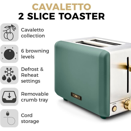 Tower Cavaletto Kettle Toaster Canisters JADE Set, 3kW 1.7L Jug, 2