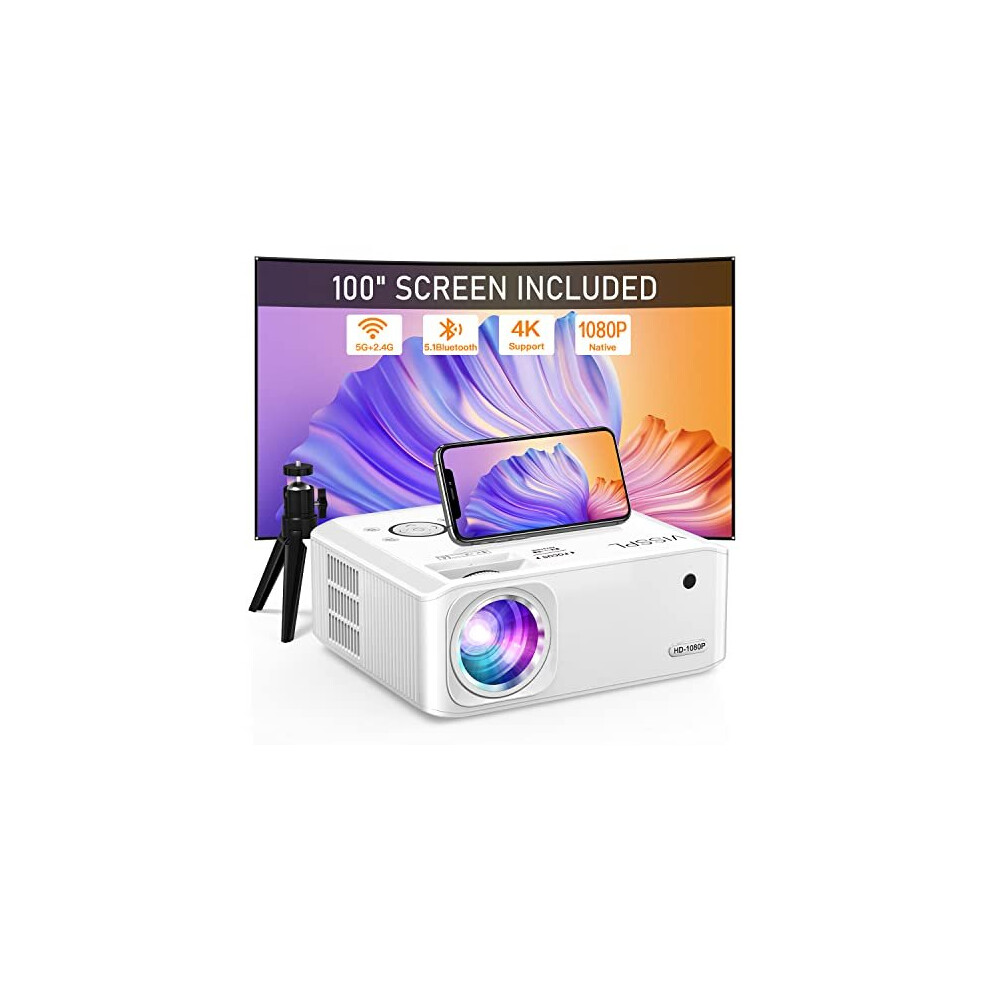 Visspl Projector, 5G Wifi Bluetooth Projector, Native 1080P 4K Supported 15000L, 6D/4P Keystone Correction, Zoom, Ppt, Outdoor Projector With Screen