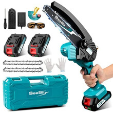 Mini Chainsaw with 2 Battery, Seesii 6-Inch Cordless Electric Pruning Chain Saw with Replacement Chain, One-Handed Portable Chainsaw for Branch Wood