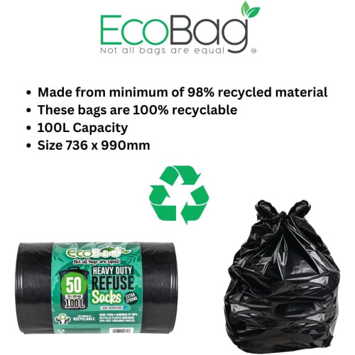 Eco Bag 50 Heavy Duty Refuse Sacks, Black, 1x 1
