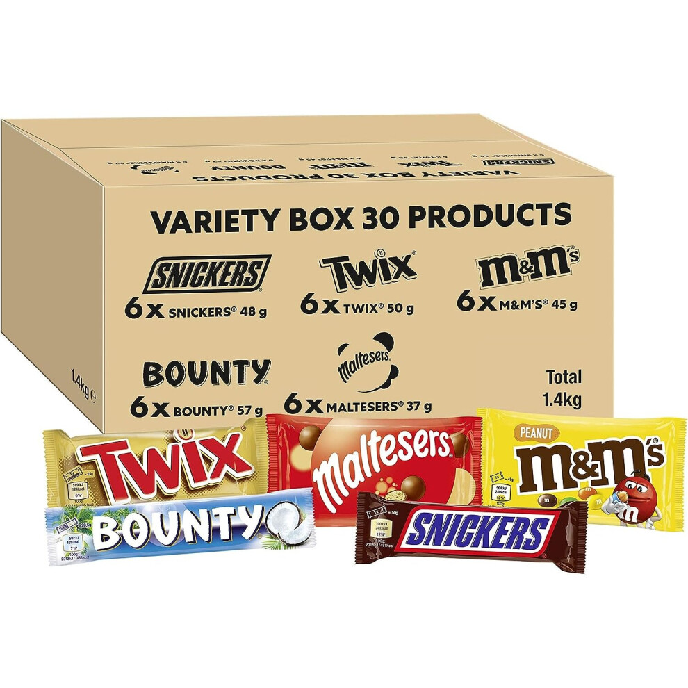 M&M's , Snickers & More, Mixed Chocolate Bar Variety Bulk Box, Chocolate Gift, 30 Bars, 1.4Kg