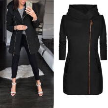 (Black, M) Womens Autumn Winter Zip Hooded Coat Jacket Ladies Long Sleeve Plain Hoodie Coat