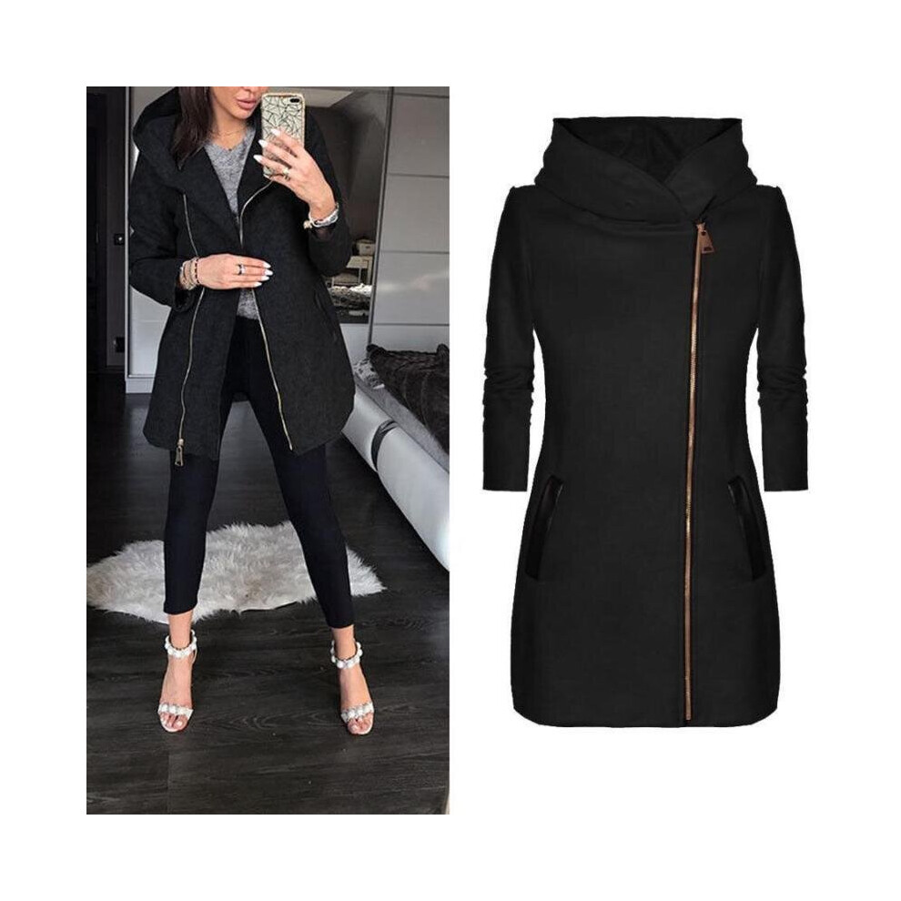 (Black, M) Womens Autumn Winter Zip Hooded Coat Jacket Ladies Long Sleeve Plain Hoodie Coat