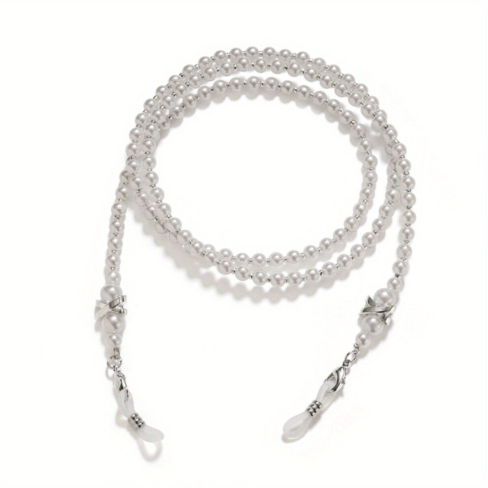 White 1Pc Faux Pearl Beaded Glasses Chain Anti Slip Eyeglasses Lanyard Strap Stylish Face Covering Eyewear Retainer