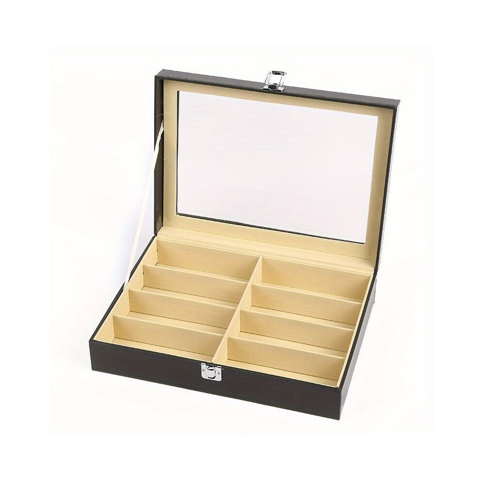 8 Slots PU Leather Sunglasses Organizer For Women Men Eyewear Display Case With Glass Lid Glasses Storage Holder Collection Box