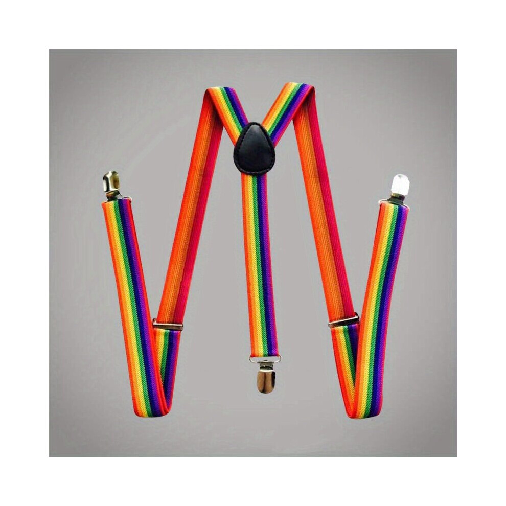 Mens Rainbow Adjustable Elasticity Suspenders For Trousers Braces With 3 Protection Clips Suspenders Multicoloured