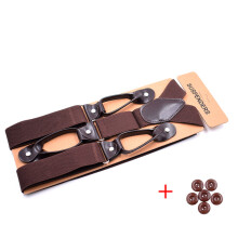 1pc Vintage Suspenders For Men Wedding Party Tuxedo 1 38inch Wide Y back 6 PU Leather Trimmed Button End Adjustable Elastic Suspenders Braces For Men