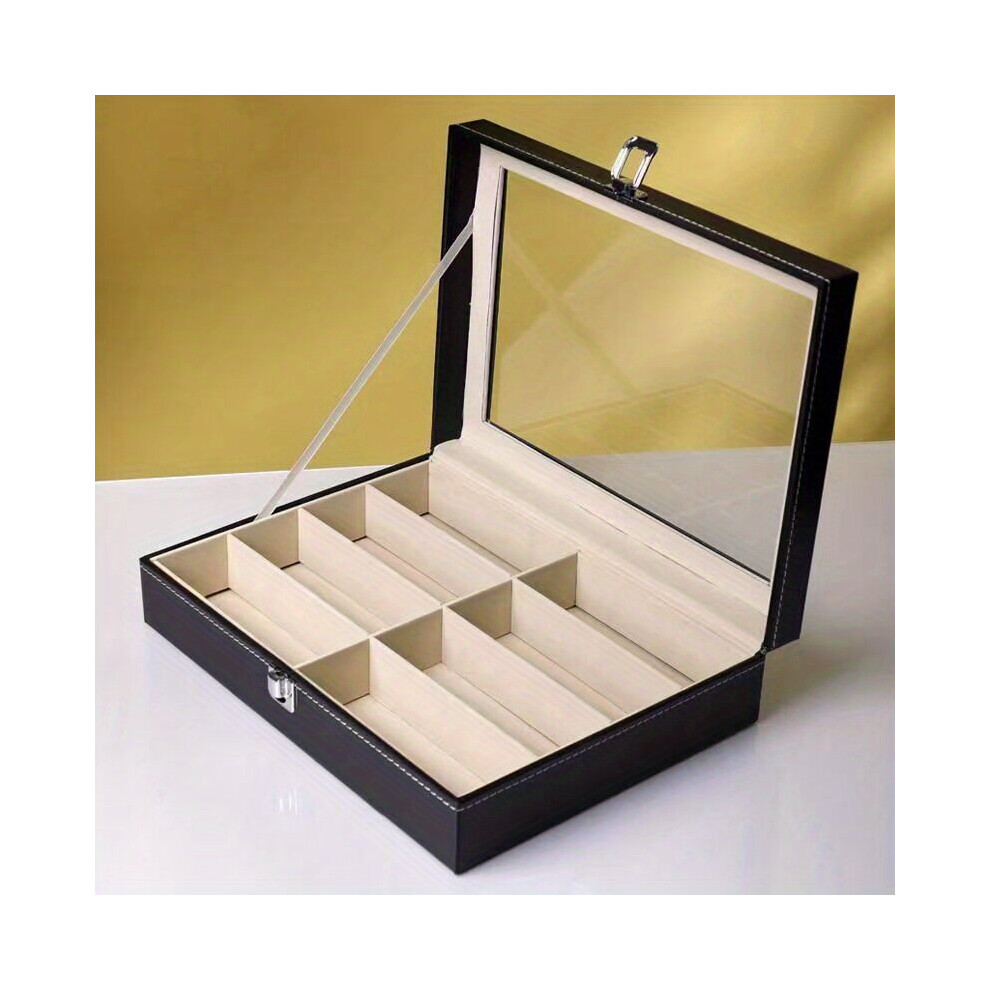 8 Slots Stitch Detail Sunglasses Organizer For Women Men PU Leather Eyewear Display Case With Glass Lid Glasses Storage Holder Collection Box