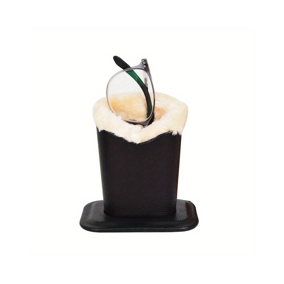 Black Plush Lined Eyeglasses Holder Stand Litchi Embossed Protective Glasses Display Case For Desks Or Nightstand