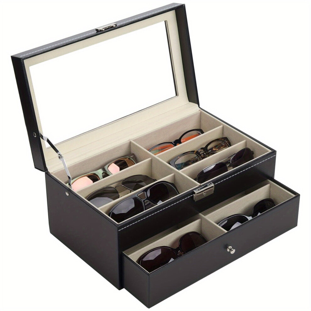 12 Slots PU Leather Sunglasses Organizer For Women Men Eyewear Display Case With Glass Lid 2 tier Glasses Storage Holder Collection Box