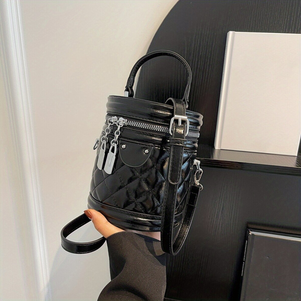 Argyle Quilted Zipper Shoulder Bag PU Leather Portable Top Handle Handbag Solid Crossbody Bag-image-OPC-PC7NCVM-NEW